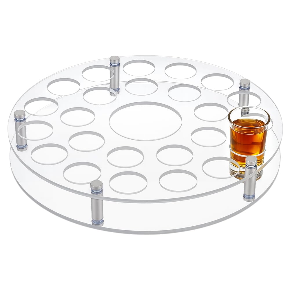 Photo 1 of Peacoblue 25 Shot Glass Holder Tray with Heavy Base-White, Clear Bar Circular Acrylic Cups Tray Holder Organizer with Central Bottle Slot Display Case for Parties, Clubs & Home Bars