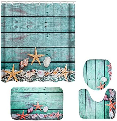 4 Piece Bathroom Rug Set Bath Mat Contour Rug Toilet Lid Cover Sea Style Non Slip Toilet Polyester Cover Mat Set Bathroom Shower Curtain (B)