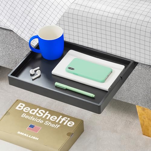 BedShelfie Bedside Shelf for Bunk Bed & Top Bunk, College Dorm Room Essentials, Loft Accessories, Clip On Nightstand Snack Organizer, Floating Bed Side Table Tray Storage - Black Wood Slide