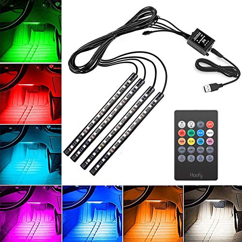 Car Interior Lights, 4pcs 48LED Multicolor Car LED Strip Light, Decorative LED Lighting Kit with Sound Active Function, Wireless Remote Control and Smart USB Port (8 Colors)