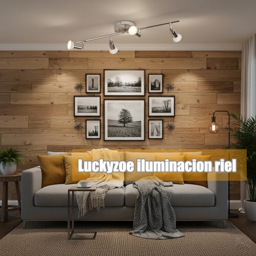 Luckyzoe Iluminación de Riel Led de 4 Luces, iluminación puntual de techo, cabezal de luz giratorio flexible, lampara de riel, 4 luz (GU10), Sin foco, Cromo
