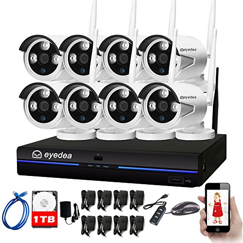 Eyedea 8 CH 960P WiFi NVR Wireless Camera Surveillance DVR Double Antenna Easy Setup IP Network 1.3MP Night Vision Home Business CCTV Security Camera Smart Phone APP Remote View 1TB Hard Drive