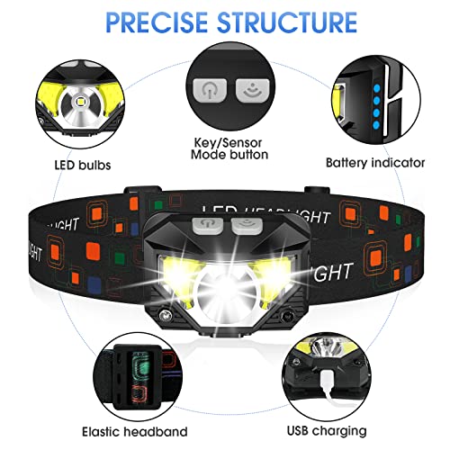 LHKNL Headlamp Flashlight, Lumen Ultra-Light Bright LED Rechargeable Headlight with White Red Light, 2-Pack Waterproof Motion Sensor Head Lamp,8 Modes for Outdoor Camping Running Hiking Fishing