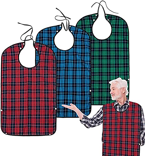 Adult Bibs for Eating (3 Pack) - Washable Reusable Waterproof Clothing Protector with Crumb Catcher - Large Adult Feeding Bibs for Seniors Men/Women - (Red, brown, blue plaid)