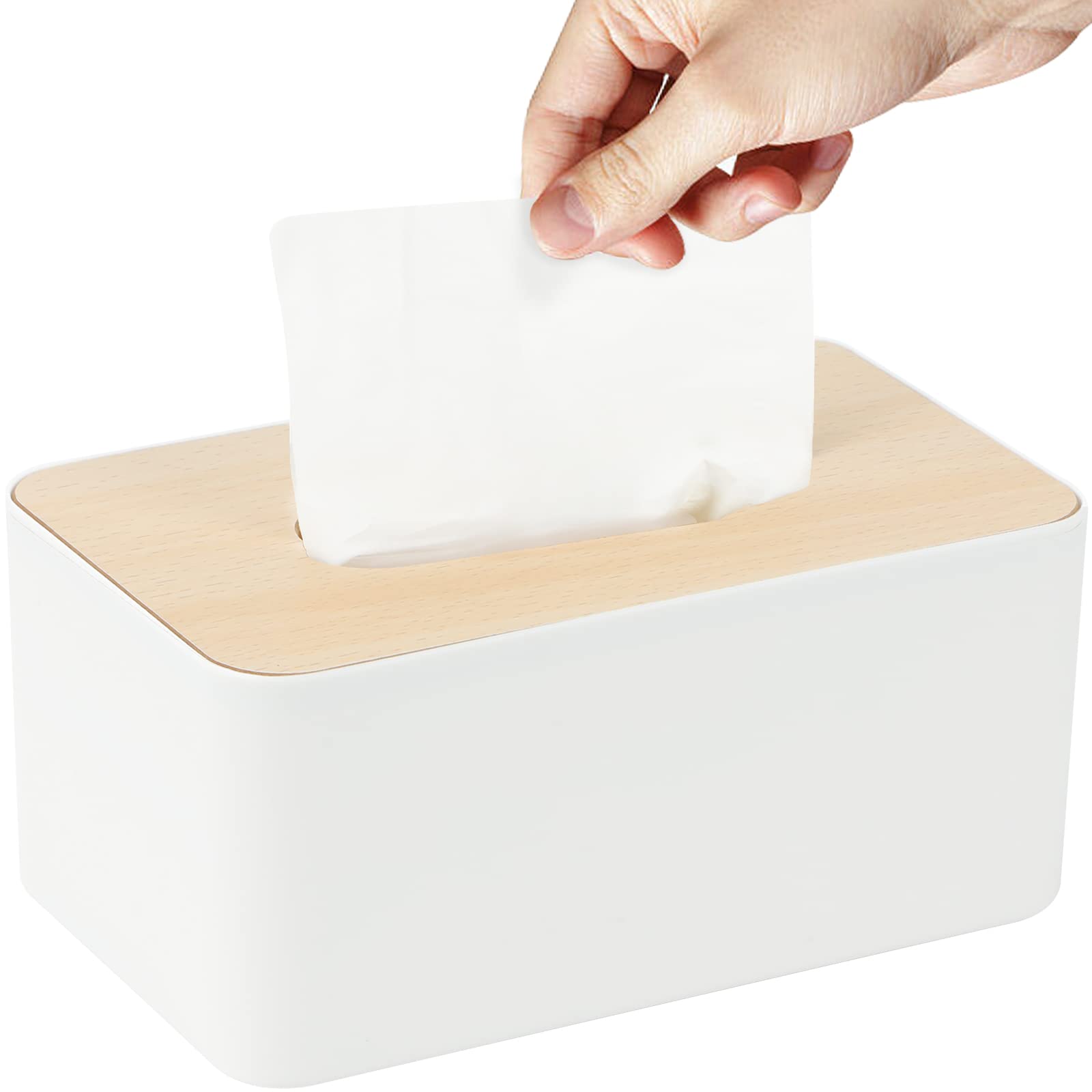 Tissue Box with Bamboo Lid, Tissue Box Holder, Rectangular Tissue Dispenser Box for Bathroom, Kitchen, Living Room, Office, Car, 21x13x10cm (White)