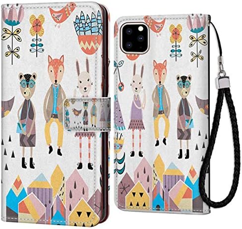 Wallet Case Fits for iPhone 11 Pro Max (2019) (6.5 Version) Cartoon,Hand Drawn Fox Bunny and Bear with Human Clothing Scandinavian Style Cartoon Motifs, Multicolor with Card Holder