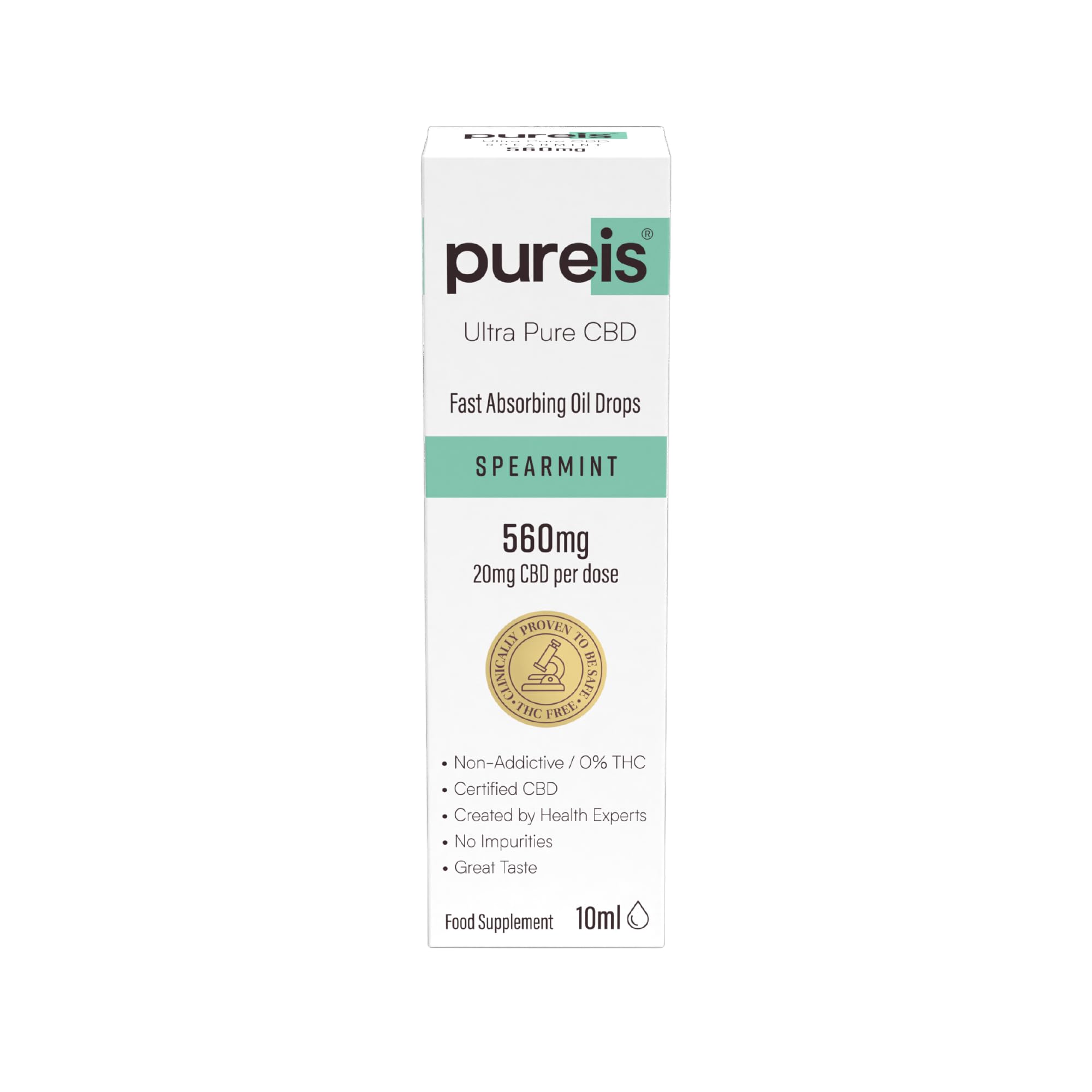 Pureis CBD Oil, Ultra Pure, Fast Absorbing - Spearmint Flavour Oral Drops CBD Supplement - 560mg = 20mg of CBD per use - 0% THC, Non-Addictive, Vegan, Gluten-Free - 10ml