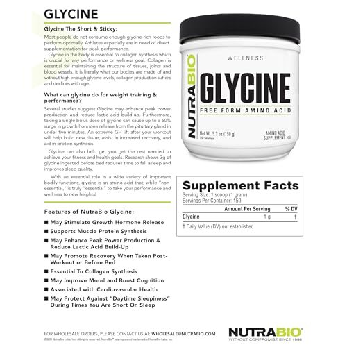 NutraBio Glycine Powder - Glycine Supplement- Free Form Amino Acid Supplement - 1000mg Serving - 150g, 150 Servings