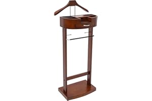 BLISIOUR Valet Stand with Drawer and Top Tray, Wood Mens Suit Valet Stand with Wood Base, Freestanding Clothes Valet Stand with Hanger, Storage Organizer for Entryway Office Living Room (C, Walnut Color)