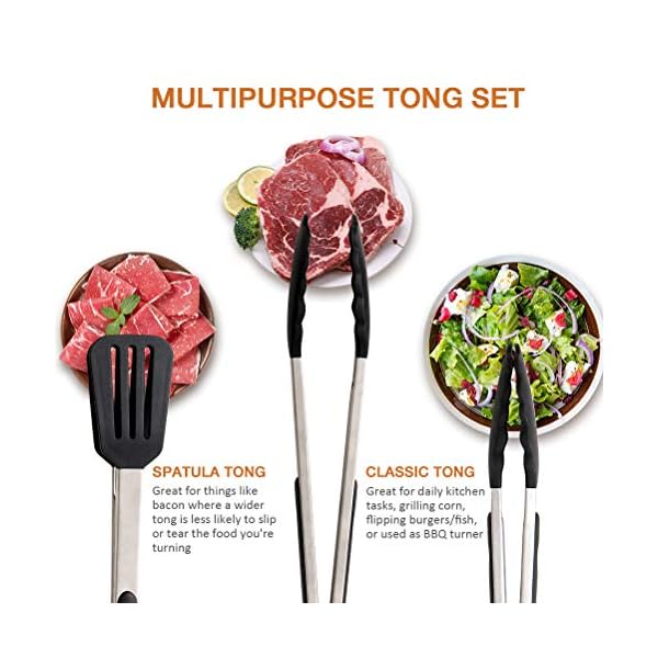 Cooking-Tongs-Set-of-3-Stainless-Steel-Kitchen-Tongs-with-Silicone-Tips-Including-12-Spatula-Tong-for-Easy-Turning-and-2-Basic-Food-Tongs9-12-for-BBQ-Salad-Grilling-Serving-Black Kitchen Tongs 9”+12”, Cooking Tongs with Stainless Steel, Silicone Tongs for Serving, Nonstick Food Tongs Set of 3