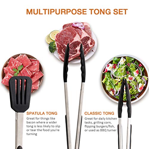 Kitchen Tongs Set of 3 - Stainless Steel Cooking Tongs including 12" Spatula Tong for Easy-Turning and 2 Basic Food Tongs(9", 12") for BBQ, Salad, Grilling, Serving (Black)