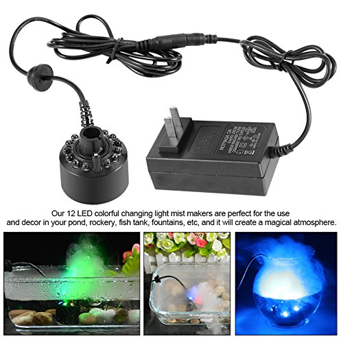 Asixx Mist Maker Fountain, 1Pc Mist Maker Fog Maker or12 LED Colorful Mist Maker with Power Adapter Great Decoration for Fish Tank, Fountains, Water Feature and Water Crafts, US Plug (US Plug)
