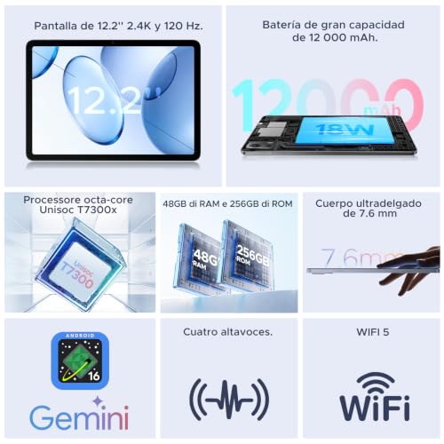 Easerush P12 Plus Tablet 12.2 Pulgadas, Android 16 & Gemini AI, 48GB RAM+256GB ROM/2TB, 120Hz 2.4K, T7300 Octa-Core, 12000mAh, Altavoces Cuádruples, Widevine L1/Tablet con Teclado y Ratón/Funda-Azul