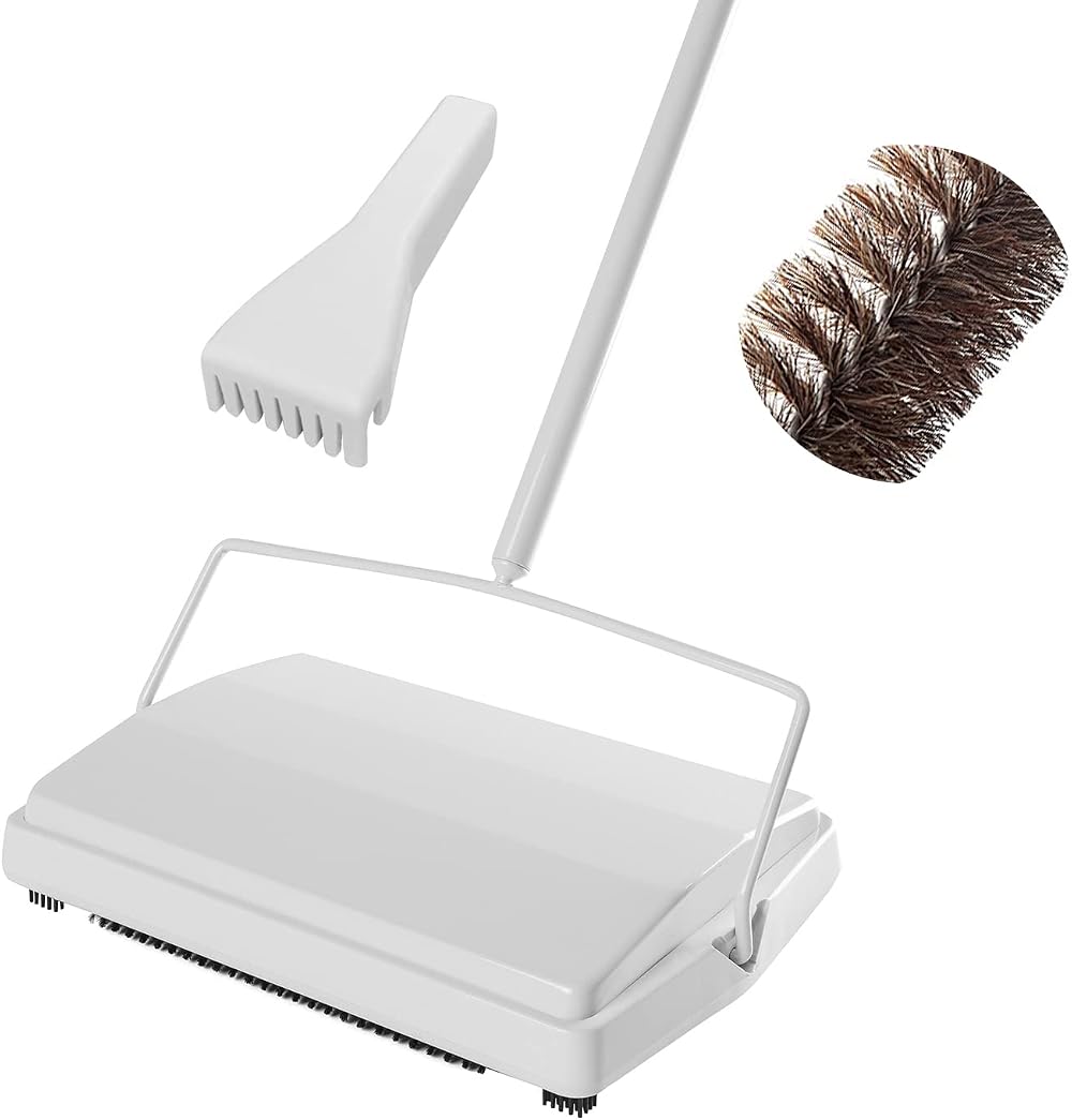 JEHONN Carpet Floor Sweeper Manual with Horsehair, Non Electric White