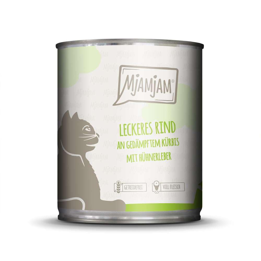 MjAMjAM - premium wet food for cats - delicious beef with steamed pumpkin, pack of 6 (6 x 800 g), grain-free with extra meat