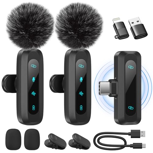 Wireless Lavalier Microphone for iPhone, iPad, Android Phone, 2-Pack Mini Microphone with Noise Reduction, Auto Pairing, Mute and Reverb for Vlogging, Video Recording