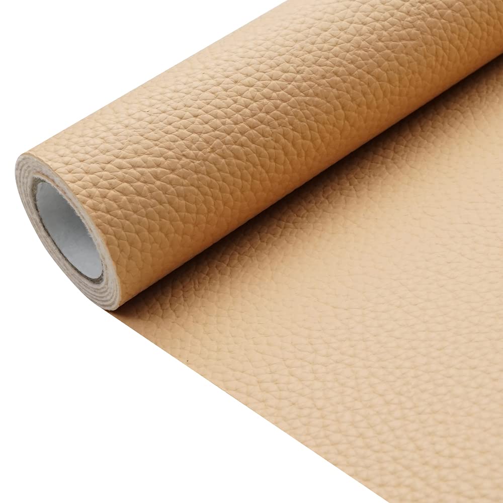 Khaki Litchi Texture PU Fabric Leather 11.8x53.14 Inch（30x135 cm） 1.13mm Thick Faux Synthetic Leather Material for Upholstery Crafts, DIY Sewings, Sofa, Handbag, Earrings, Hair Bows Decorations