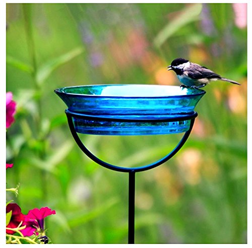 Outdoor Mosaic Birds Bath Feeder G468VF Cuban Recycled Glass Bowl Birdseed Mealworm Container with Adjustable Height Stake - Fuchsia