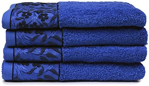Premium Turkish Cotton Towel Set with Floral Décor, 4-Pack Bath Towels - Blue