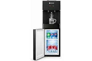 COSVALVE Water Cooler Dispenser, 5 Gallon Top Loading Hot/Cold Water Cooler w/Refrigerator Freezer Cabinet, Compression Refri