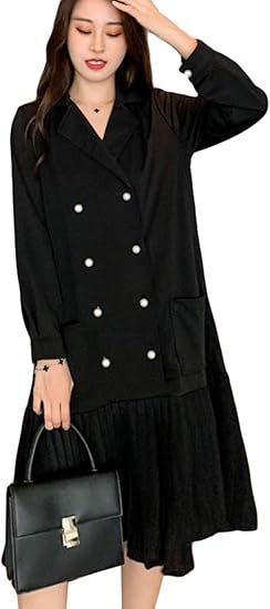 Zhongjue ジュージェン 長袖 ワンピース レディース Vネック ロングワンピース ボタンタワン プリーツ きれいめ プリーツワンピース 上品 着痩せ フェミニン 黒ワンピース フォーマル 大きいサイズ 秋 ワンピース チュニック 通販 Amazon