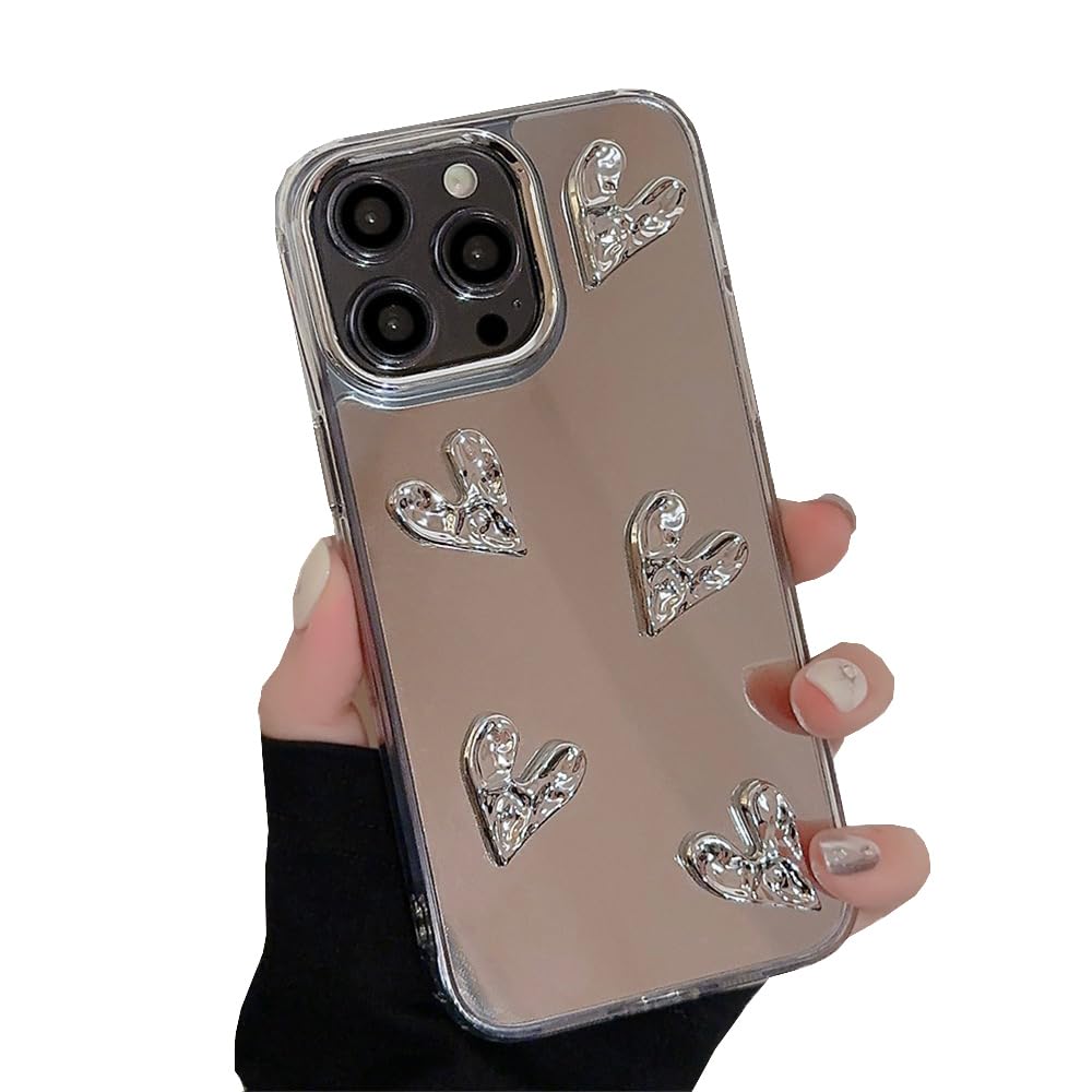 LOLAGIGI for iPhone 14 Pro Max Case Cute Mirror 3D Heart Love Glitter Luxury Girly Aesthetic Personalized Design for Women Girls TPU Phone Case, 6.7", Silver