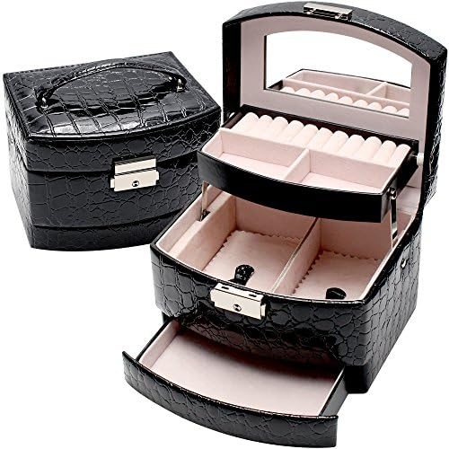 Daintymuse Leather Jewelry Storage Box with Mirror &amp; Lock for Rings Earring Collection Great Gift for Girls Black