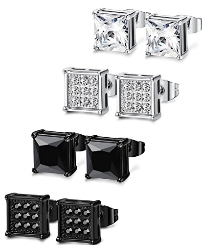 FIBO STEEL 4 Pairs Stainless Steel Stud Earrings for Men Women Ear Piercing CZ Inalid,8MM at Amazon