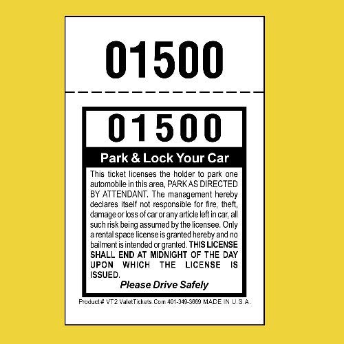 2 Part Valet Parking Tickets, (2,000 Pack) Self