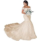 Fanciest Women's Lace Mermaid Wedding Dresses for Bride Long Off Shoulder Bridal Gowns for Women