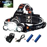Rechargeable Headlamp ,5000 Lumen Waterproof LED headlight Flashlight Torch with 3×T6 Lampwick for Reading Outdoor Running Camping Fishing Walking Hunting Hiking