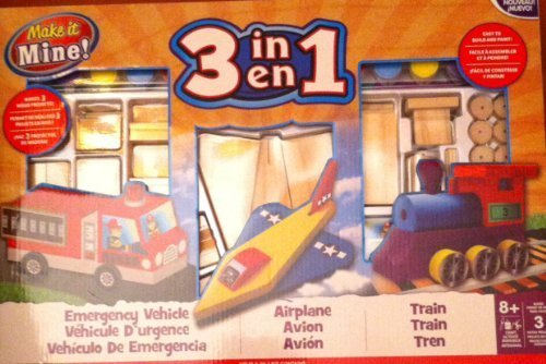Make It Mine Wooden 3 in 1 Set: Emergency Vehicle, Airplane, Train. Easy to Built and Paint