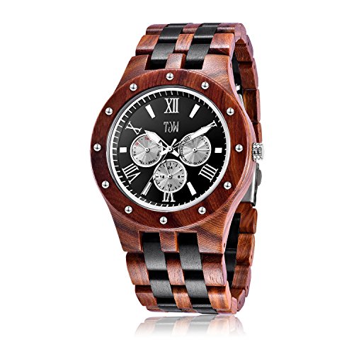 TJW Mens Natural Wooden Watches Day Date Analog Quartz Handmade Casual Wrist Watch 8010-1M (Black) Gift