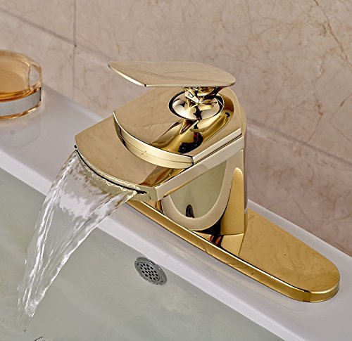 Senlesen Gold Finish Waterfall Spout Single Lever Bathroom Sink Vanity Faucet with 8-inch Cover Plate - Thumbnail 5