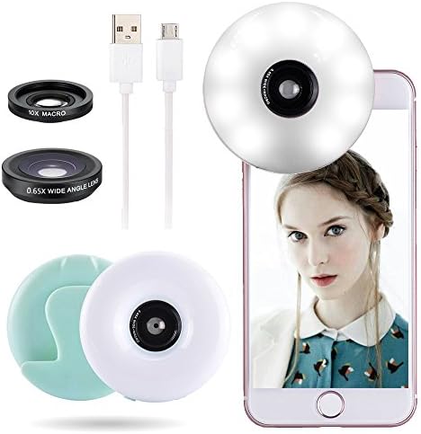 3 in 1 Rechargeable Selfie Ring Light Lens For Phone, Quarkware Clip On 3 Lighting Levels Selfie Warm White LED Bright Ring Light w/ Telephoto Wide Angle Macro Lens for Smart Cell Phones (Blue)