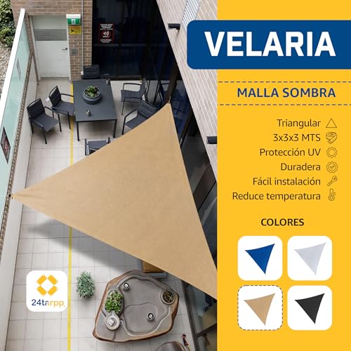 24tarpp Malla Sombra Velaria 3x3x3 - Triangular Beige - Mallasombra para Exteriores - Bastillas Dobles Reforzadas - Protección 90% Rayos UV - Fácil Instalación - Lonasombra - Velaria 3x3x3 Beige