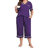 Lastshe Plus Size Womens Pajama Set 2 Piece V Neck Short Sleeve Capri Pants Loungewear Pjs Lounge Set Knit Soft with Pockets