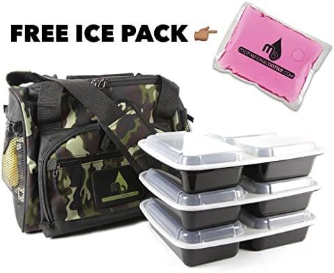 Motivational Bottle Fully Insulated and Waterproof Meal Prep Bag | Optional BPA Free Removable Meal Prep Containers | Free Reusable Ice Packs | 3 Meals (camo)