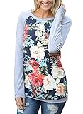HOTAPEI Women Casual Floral Print Long Sleeve Shirts Round Neck Blouse Tops Gray Medium