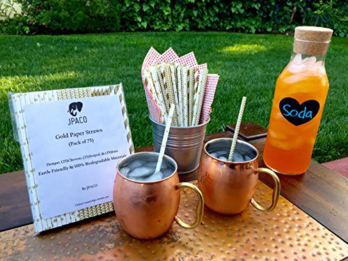 JPACO Gold Paper Straws (75 Pack, Stripe, Chevron, Star Designs) 100% Biodegradable