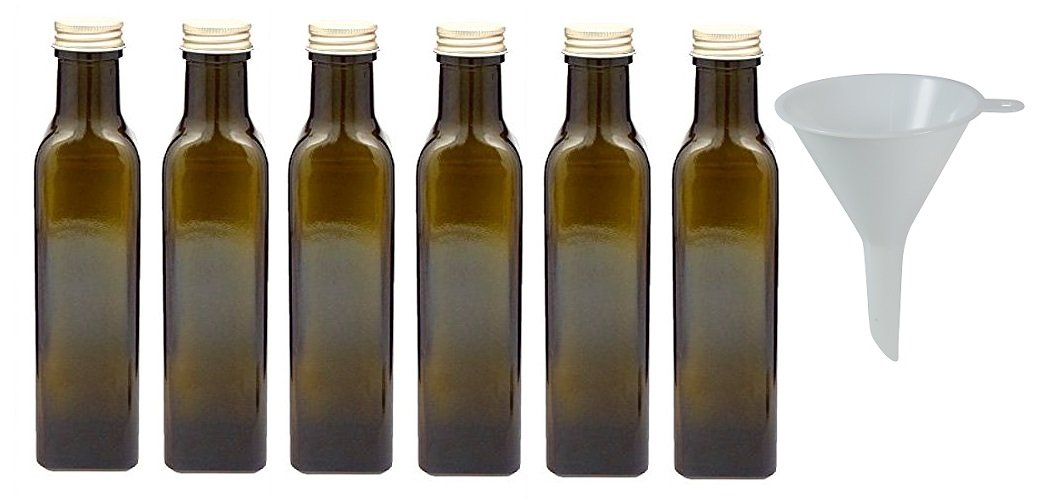 Viva Haushaltswaren 19818 6 Oil Bottles 250 ml with a Glass Brown/Green Glass Bottle Funnel, 4.7 x 4.7 x 21.3 cm
