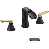 Fapully Bathroom Faucet 3 Hole, Waterfall 8 Inch Widespread Bathroom Sink Faucet with Pop-up Drain, Matte Black&Gold Two-Handle Faucets for Bathroom Sink