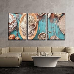 3 Piece Canvas Wall Art - Grain Breads and Cereals. Various Kinds of Bread, Bread Rolls and Seeds for Baking - Modern Home Art Stretched and Framed Ready to Hang - 16"x24"x3 Panels