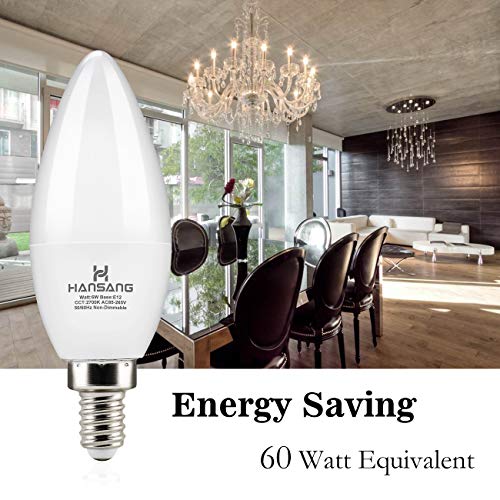 Hansang LED Candelabra Bulbs 6 Watt (60 Watt Equivalent),Daylight 5000K,600lm RA>83,Candle Bulb Base E12 for Chandelier B11 Ceiling Fan Bulb Non-Dimmable (6 Pack)