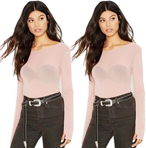 Blouse, RIUDA Sexy Long Sleeve Top T-Shirts Transparent Punk Club Streetwear Tees (L, Pink)