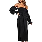 R.Vivimos Summer Dress for Women Long Sleeve Casual Plaid Print Smocked Off Shoulder A-Line Midi Dress