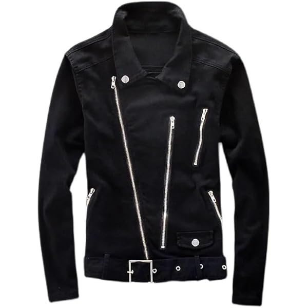 Men's Black Denim Biker Jean Jacket Classic Motorcycle Style