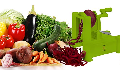 Brieftons Tri-Blade Spiralizer: Strongest-and-Heaviest Duty Vegetable Spiral Slicer, Best Veggie Pasta Spaghetti Maker for Low Carb/Paleo/Gluten-Free Meals, With 3 Exclusive Recipe eBooks - Green