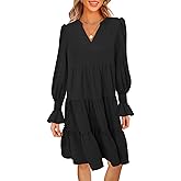 MEROKEETY Women's 2025 Long Sleeve Midi Dress V Neck Flowy Swing Ruffle Tiered Fall Casual Dresses