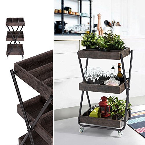 Vintage Dark Brown Finish 3-Tier Metal Utility Service Rolling Handle Storage Kitchen Office Planter Cart with wheels